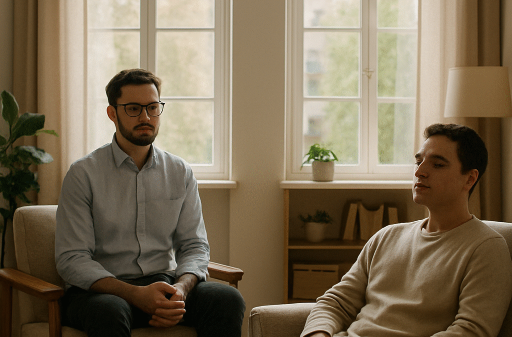 Client relaxed in therapy room with therapist present, showing hypnosis as safe and professional.”