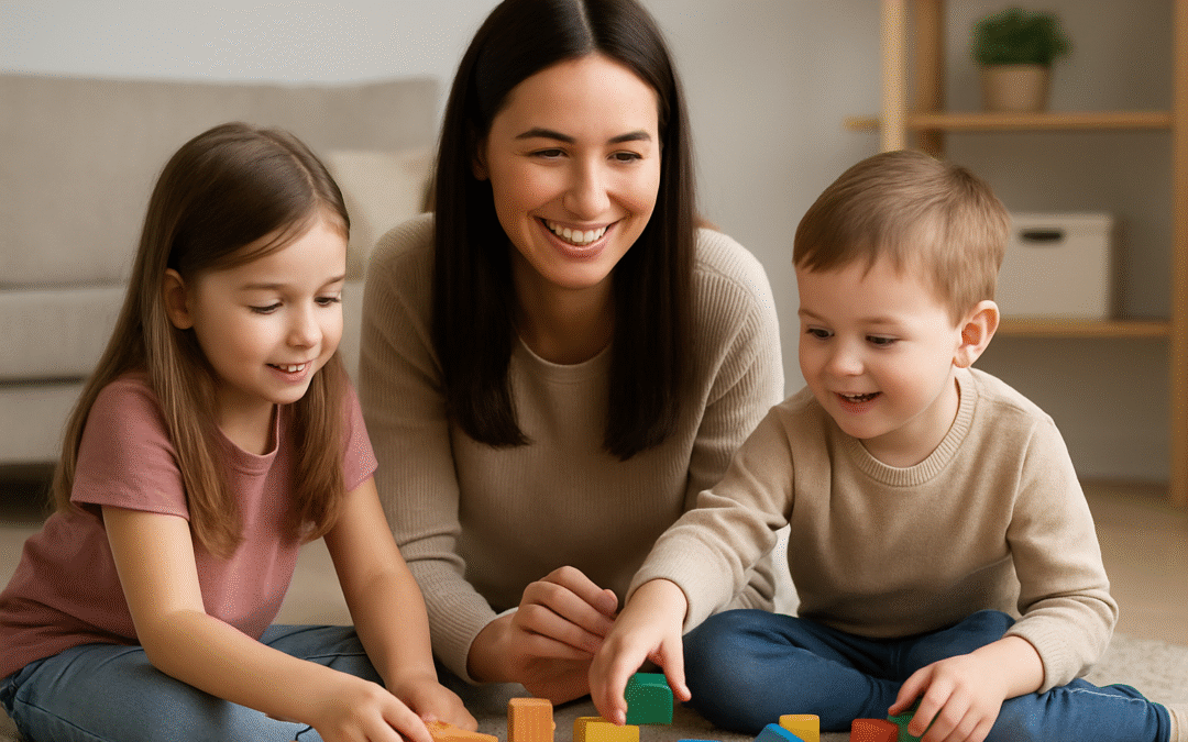 Smiling mother playing with her young son and daughter on the floor with toys, representing the happiness and freedom of being smoke-free.
