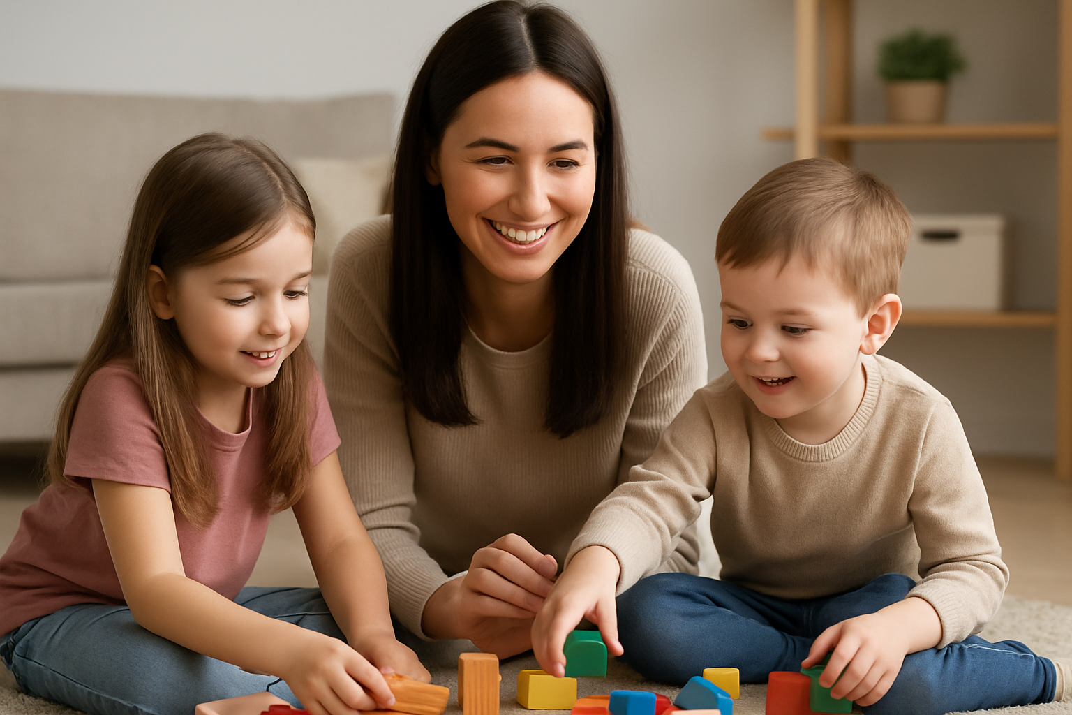 Smiling mother playing with her young son and daughter on the floor with toys, representing the happiness and freedom of being smoke-free.
