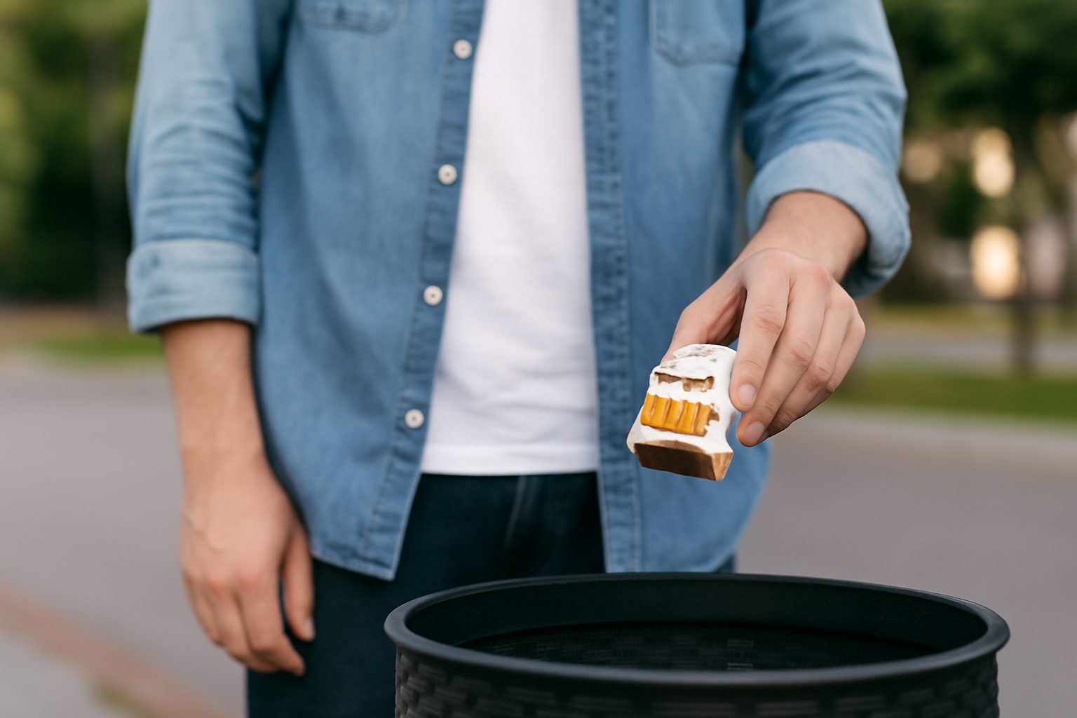 Quit smoking hypnotherapy in Gillingham Kent – cigarette pack discarded into bin