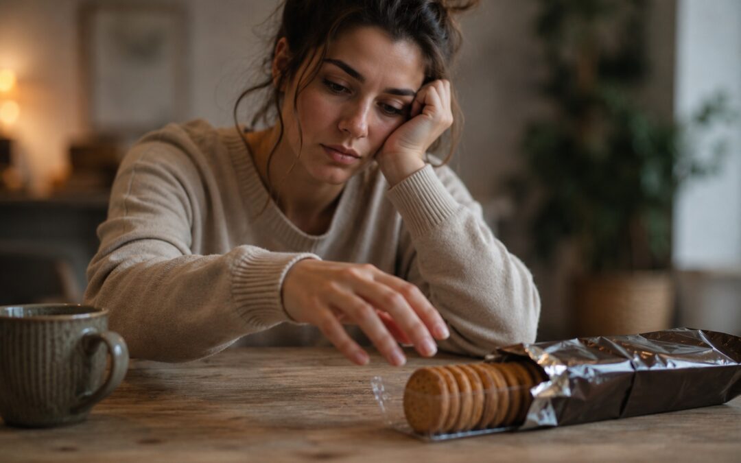 Woman fatigued and craving biscuits, symbolizing sugar addiction and weight loss challenges, in Medway Kent.