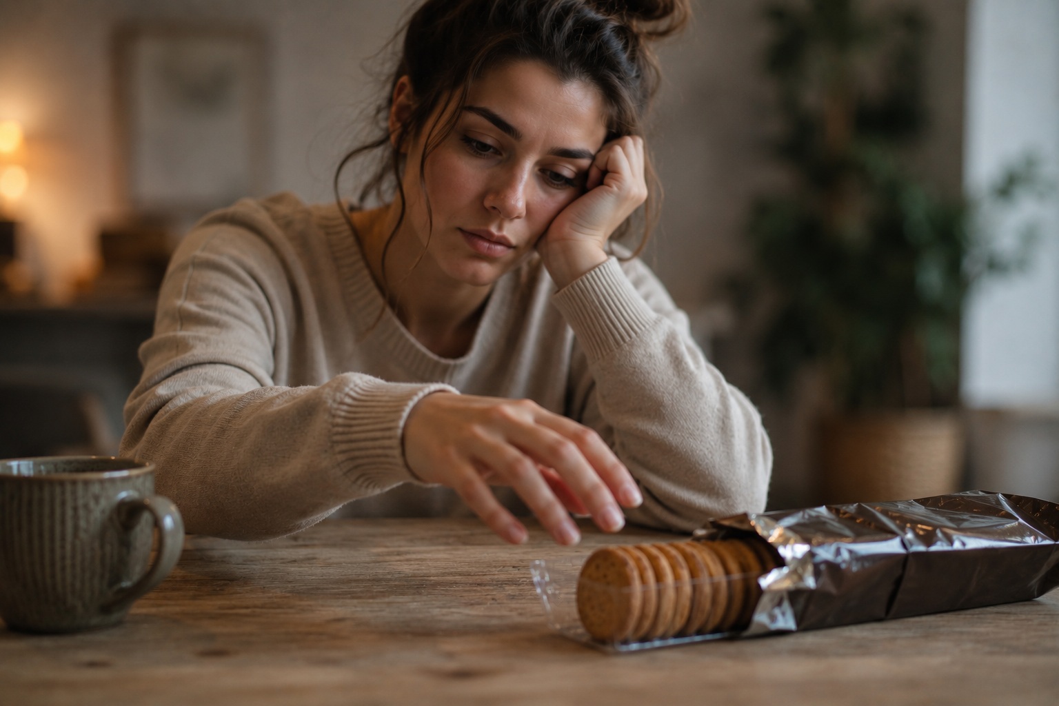 Woman fatigued and craving biscuits, symbolizing sugar addiction and weight loss challenges, in Medway Kent.